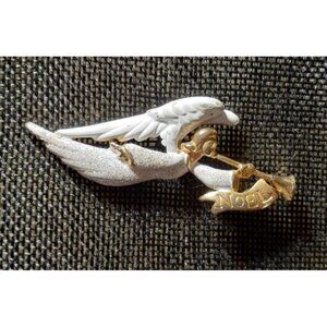 AJC Vintage Christmas Glittered Noel Angel with Trumpet Pin Brooch 3"